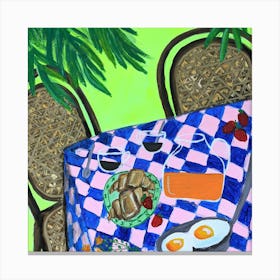 Breakfast under palm trees on bright green color Canvas Print