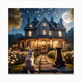 Dogs At Night In Front Of House Canvas Print