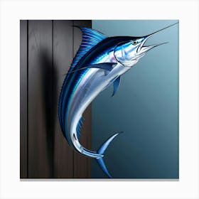 A Breathtakingly Rendered Illustration Of A Majestic Bluefin Marlin, Meticulously Mounted On A Sleek, Dark Stained Wooden Wall, With Meticulous Attention To Detail, Showcasing The Fish S Iridescent Blue And Silver Scales Glimmering Canvas Print