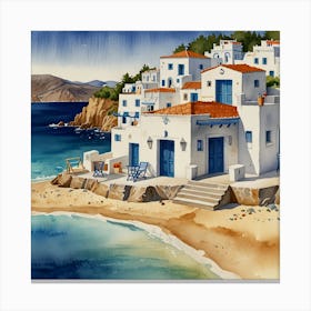 Village On The Beach.Summer on a Greek island. Sea. Sand beach. White houses. Blue roofs. The beauty of the place. Watercolor. Canvas Print