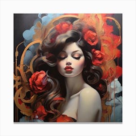 Woman With Red Roses Canvas Print