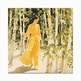 Woman In Yellow Dress Walking In The Forest 1 Canvas Print