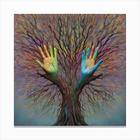 Image Shows A Painting Of A Tree With Two Hands Coming Out Of Ita Metaphor For The Connection Between Nature And Humanity Canvas Print