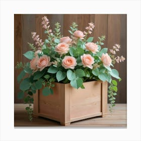 Pink Roses In A Wooden Box Canvas Print