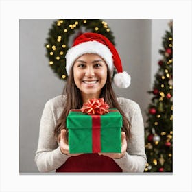 Happy Young Woman Holding Christmas Gift Canvas Print