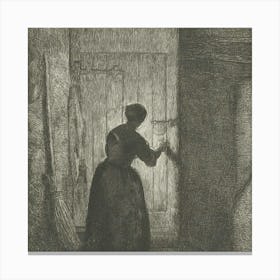 Woman Opening A Door Canvas Print