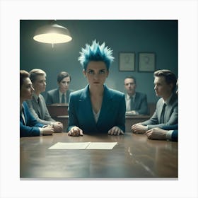 A Confident Young Woman With Blue Spiky Hair Sits At The Head Of A Conference Table, Looking Directly At The Camera Canvas Print