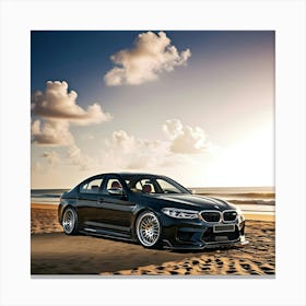 A Dramatic High Contrast Cinematic Photograph Of A Sleek Black BMW M5 At Beach Front Canvas Print