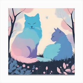 Silhouettes Of Cats In The Day Garden, Blue, Pink And Lilac Canvas Print