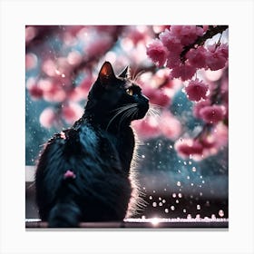 Black Cat, Raindrops and Pink Cherry Blossom 1 Canvas Print