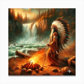 Oil Texture Native American Indian Maiden By Stream Copy Canvas Print