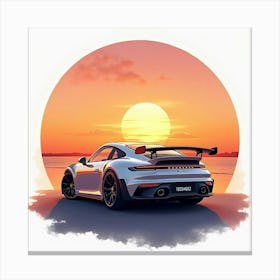 Elegant Sports Car With A Sunset Horizon, Watercolor Painting 1 Canvas Print