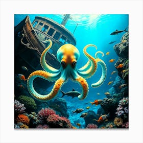 Octopus And Ship Wreck Canvas Print