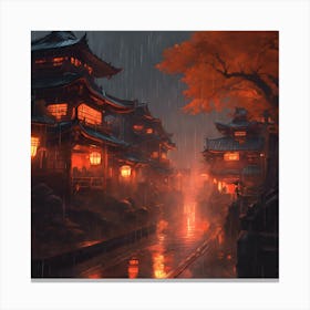 Asian Village In The Rain Canvas Print