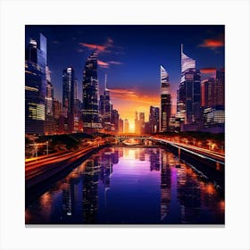 Modern Cityscape At Twilight Towering Skyscrapers Bathed In Amber Hues Reflective Windows Capturin Canvas Print