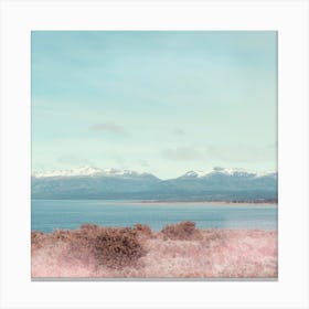 Pastel Landscape And Snowy Mountains Square Canvas Print