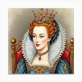 Queen Elizabeth I In Watercolor, Elaborate Headdress, Royal Setting 1 Canvas Print