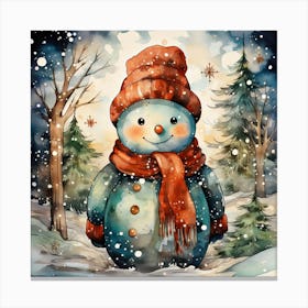 Watercolor Snowman In The Forest Canvas Print