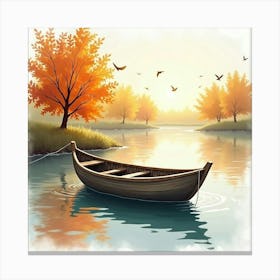 Rustic Boat Drifting In Watercolor Autumn Breeze 1 Canvas Print