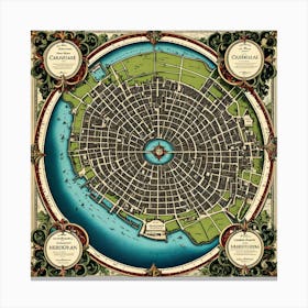 A Vintage Map, Of A Historic City With Ornate Borders And Labels art print 20 Canvas Print