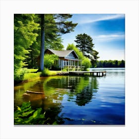 Summer House Lake Water Trees Nature Landscape Scenery Vacation Relaxation Tranquil Seren Canvas Print