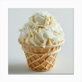 A Photograph Of A White Ice Cream Sundae In A Waffle Cup, Topped With Coconut Flakes, On A Plain White Background Canvas Print