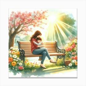 Mother And Child Sitting On A Bench Canvas Print