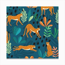 Tropical Cheetah Pattern On Green With Florals And Decoration Square Canvas Print