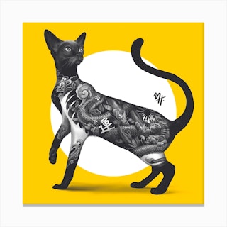 Japanese Cat Tattoo Yellow Square Canvas Print