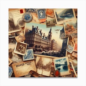 Vintage Postcards Displaying A Castle And Stamps, Complemented By The Coffee Corner Wallpaper Design Canvas Print