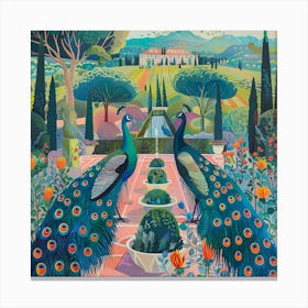 Peacocks in a Renaissance Garden Series. In Style of David Hockney 3 Canvas Print