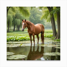 Horse Standing In A Pond Photo 1 Canvas Print