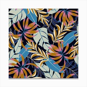 Original Seamless Tropical Pattern With Bright Blue Pink Flowers Canvas Print