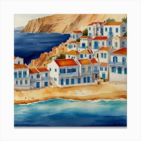 Village By The Sea.Summer on a Greek island. Sea. Sand beach. White houses. Blue roofs. The beauty of the place. Watercolor. Canvas Print