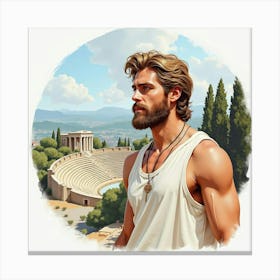 A Lovely Greek Man In Watercolor, Set Against The Stunning Backdrop Of A Historical Amphitheater 1 Canvas Print