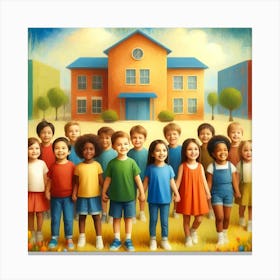 Unity In Diversity Wall Print Art A Heartwarming Depiction Of Children United In Front Of A School, Perfect For Promoting Inclusivity And Friendship In Any Educational Space Canvas Print