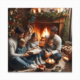 Family Reading Christmas Book In Front Of Fireplace 1 Canvas Print