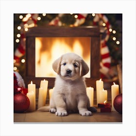 Christmas Puppy In Front Of Fireplace Canvas Print
