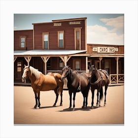 Three Horses In Front Of A Western Town Canvas Print