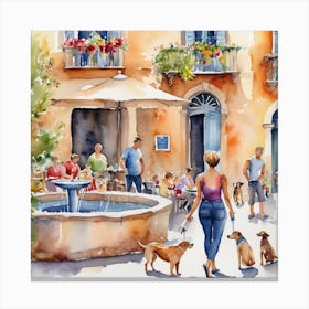 People And Dogs At The Fountain Canvas Print