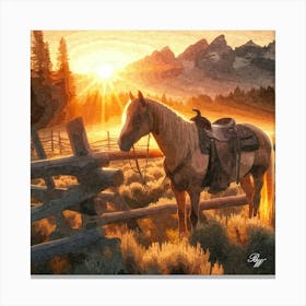 Western Horse At Sunset 3 Oil Texture Canvas Print