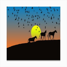 Horses and Birds with sunset Canvas Print