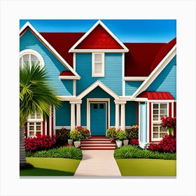 Tropical Illustration Of A Blue House Canvas Print