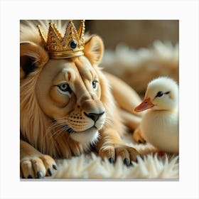 Regal Companions: A Lion and a Duckling 1 Canvas Print