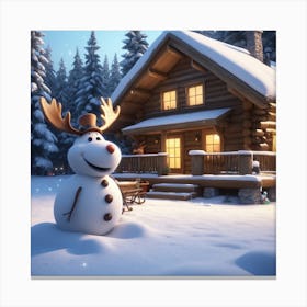 Snowman In Front Of A Cabin Canvas Print