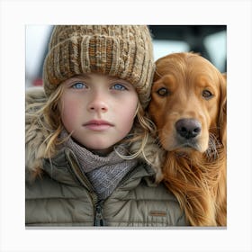 Little Girl With Golden Retriever Canvas Print