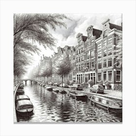 A Serene Amsterdam Canal Scene Captured In A Realistic Pen And Ink Drawing, Style Realism 3 Canvas Print