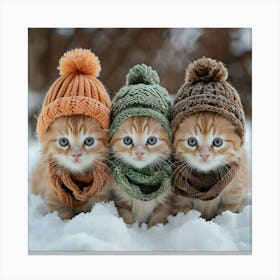 Three Orange Tabby Kittens In Knitted Winter Accessories On Snow Canvas Print