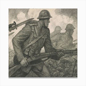 Soldiers Carrying Rifles With Fixed Bayonets, Advancing Through Barbed Wire Entanglements W Canvas Print