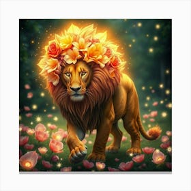 Enchanted Lion With A Glowing Floral Mane, Strolling Through A Lush Garden Of Sparkling Petals 1 Canvas Print